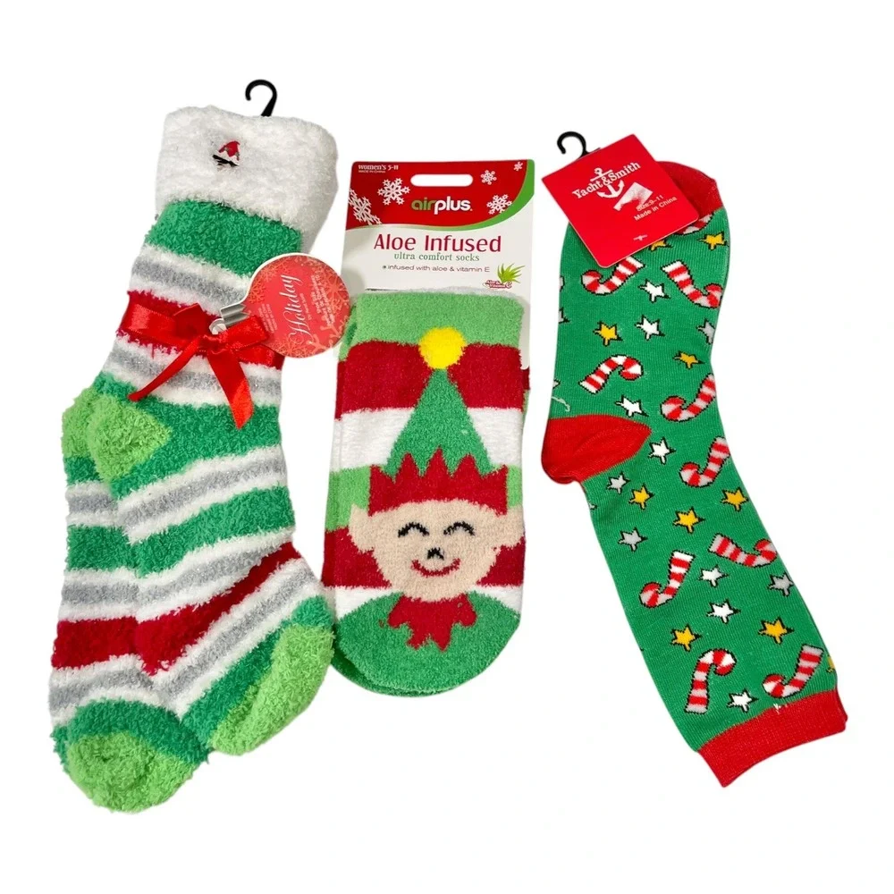 Airplus Yacht & Smith 4-10 Green Red Holiday Socks 3 Pair Bundle Elf Christmas